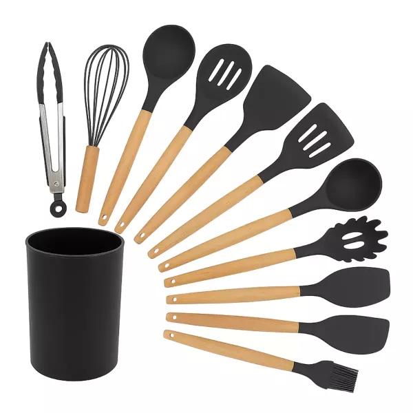 Set x12 Utensilios De Cocina - Soporte Madera y Punta Silicona