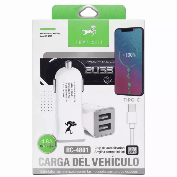 Cargador Auto 2 Usb A Con Cable Tipo C Rc-4801 WQ