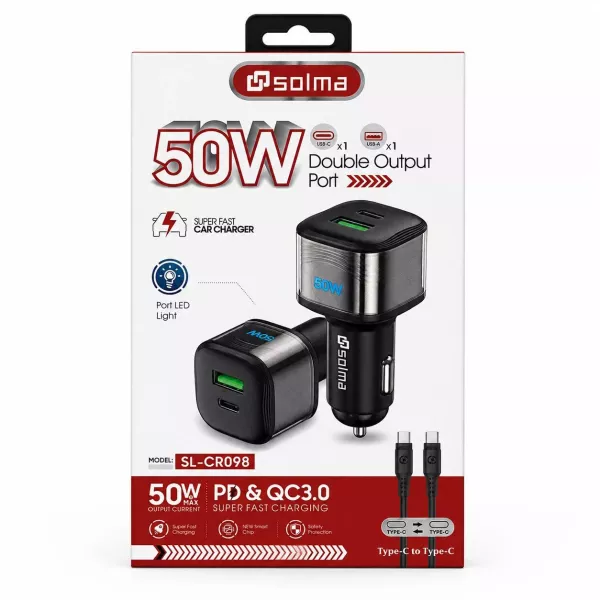 Cargador Auto 2 Usb A/c Con Cable Tipo C 3.0 50w Sl-cr098 WQ