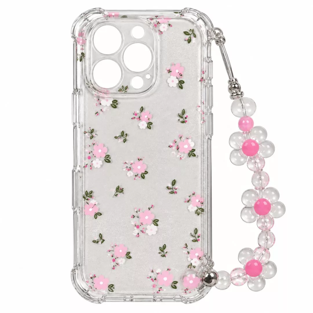 Funda Transparente Flores Rosas Con Pulsera iPhone 17 Pro
