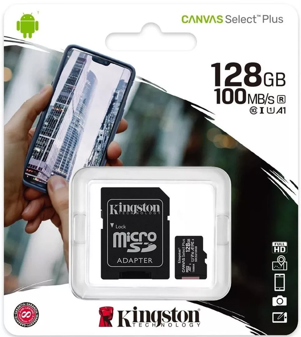 Memoria Micro SD 128GB Kingston Canvas Select Plus Con Adaptador Negro
