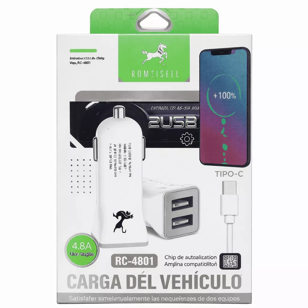 Cargador Auto 2 Usb A Con Cable Tipo C Rc-4801 WQ