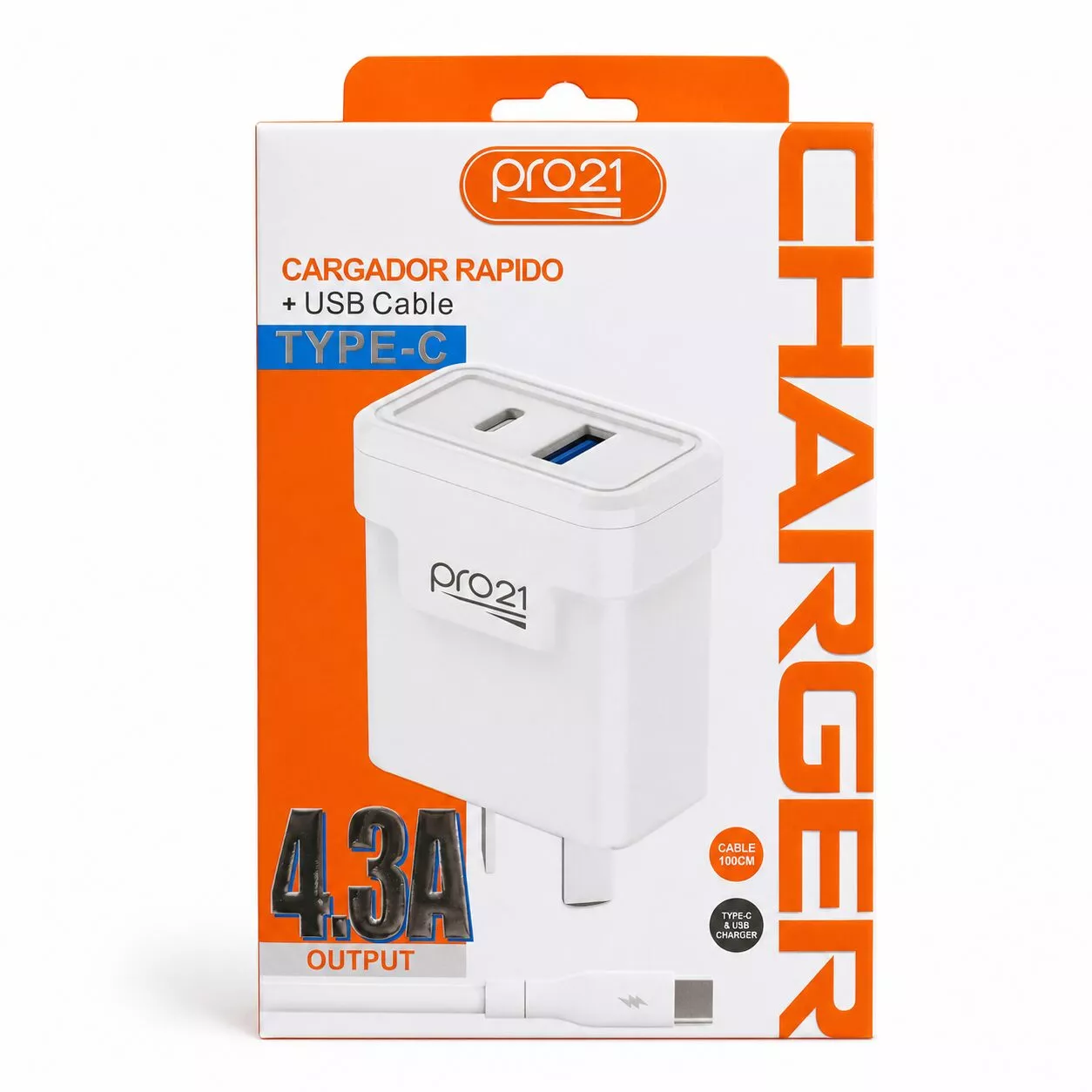 Cargador 220 Tipo C 4.3a Cable Desmontable 2 Entradas Pro21 WR