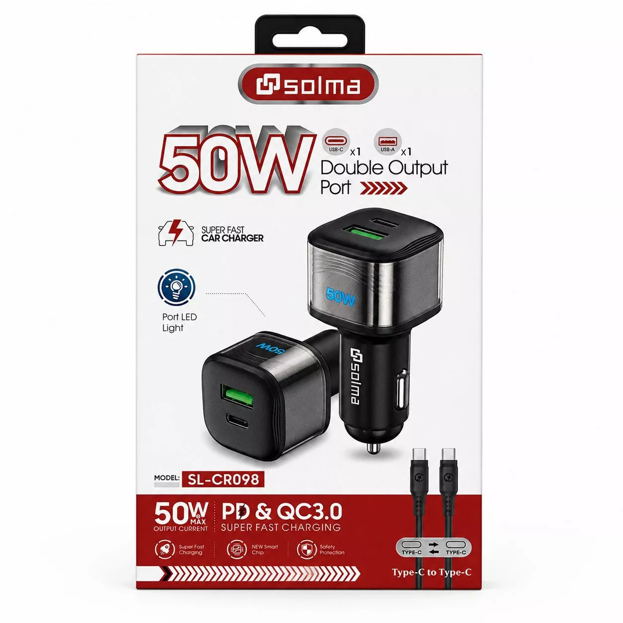Cargador Auto 2 Usb A/c Con Cable Tipo C 3.0 50w Sl-cr098 WQ