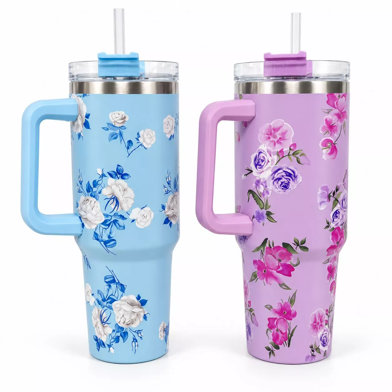 Vaso Termico Con Manija Y Sorbete Flores 1200ml Tt-01 WQ